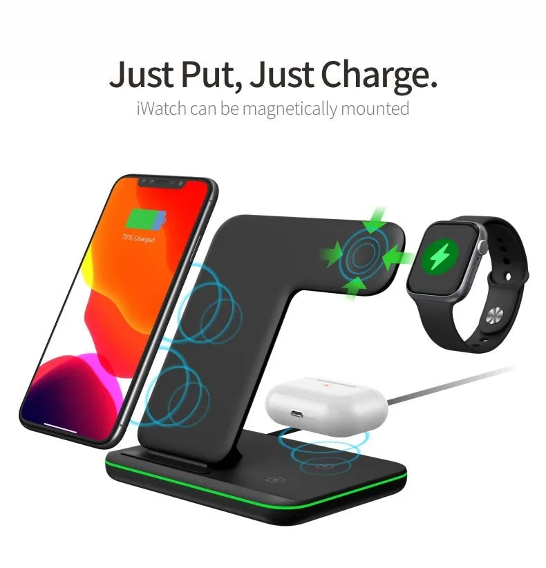 Three-in-one 15W wireless charging stand for mobile phone, smartwatch and earbuds in black