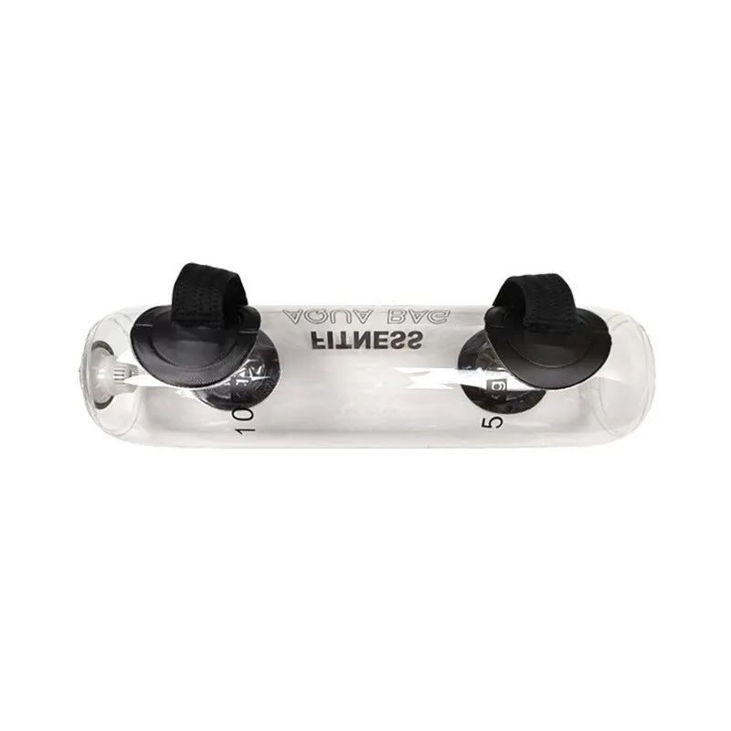 Transparent PVC inflatable water weight bag for adjustable strength training from 5kg to 35kg.