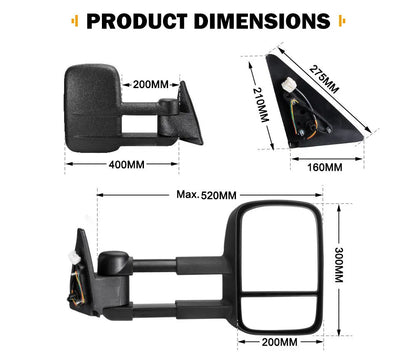 Black plastic foldable side mirror pair for Toyota Land Cruiser 100 1998-2007 models.