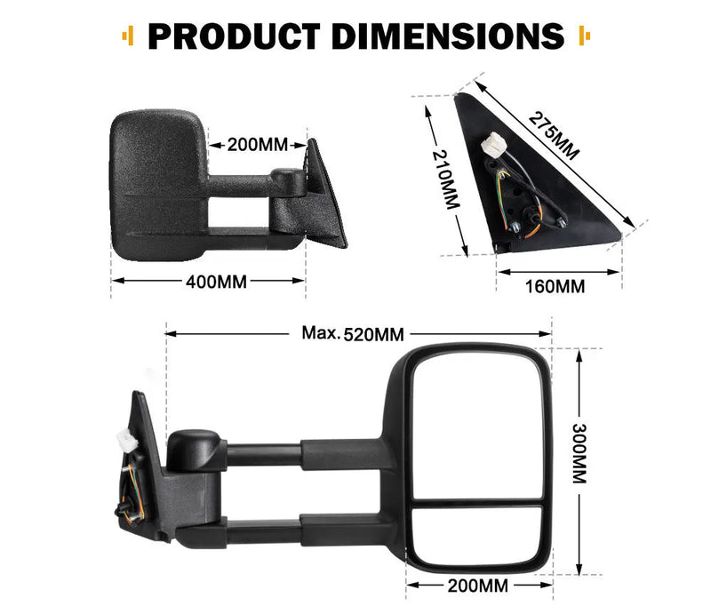 Foldable Rearview Mirror Set for Toyota Land Cruiser 100 Series 1998-2007 Models - Black Plastic Replacement Mirrors - Trailer-Compatible Side Mirrors