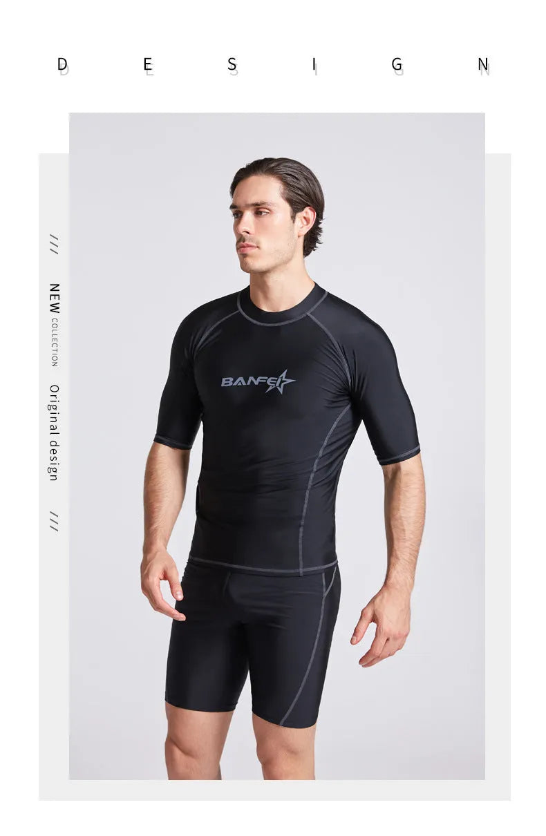 Men's quick-dry swimsuit set with swim top and pants for snorkelling and surfing activities