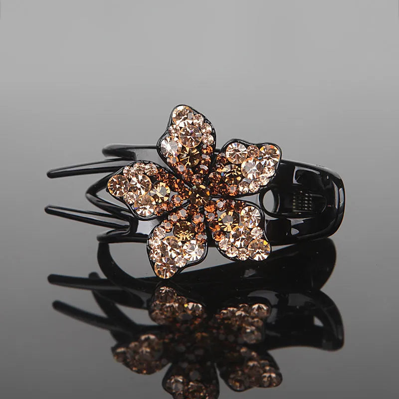 Rhinestone flower three-jaw clamp hair barrette in blue black grey for back-head styling