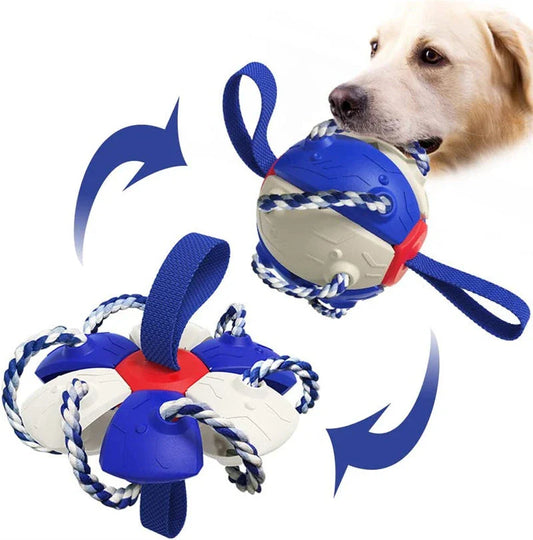 Versatile Frisbee-style dog toy with a unique shape-shifting design that transforms from a sphere to a flat Frisbee mid-flight, providing endless entertainment and exercise for your furry friend.