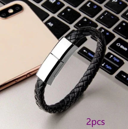 Stylish leather bracelet with built-in charging cable for smartphones and USB-C devices