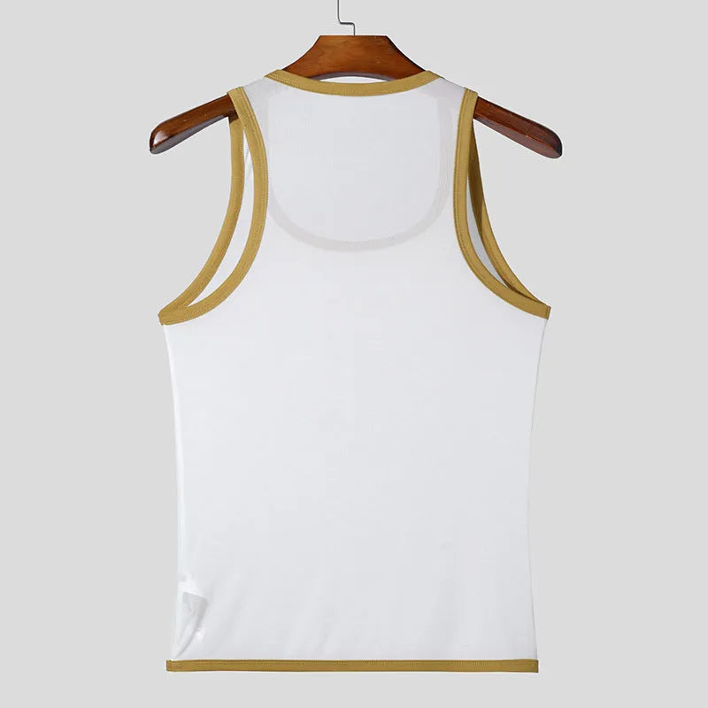 Men's tight-fitting white mesh fitness vest for sports, showing breathable fabric and straight hem design.