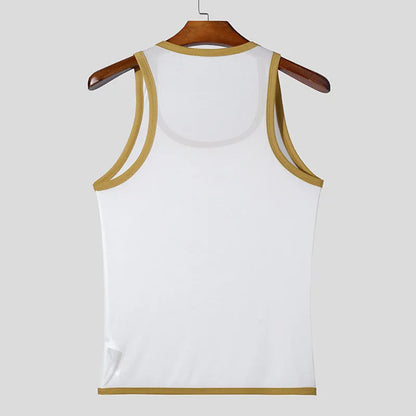 Men's tight-fitting white mesh fitness vest for sports, showing breathable fabric and straight hem design.