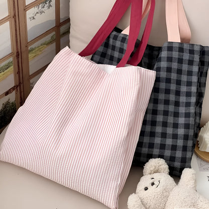 Canvas multi-layer tote shoulder bag in plaid design with 24cm shoulder strap