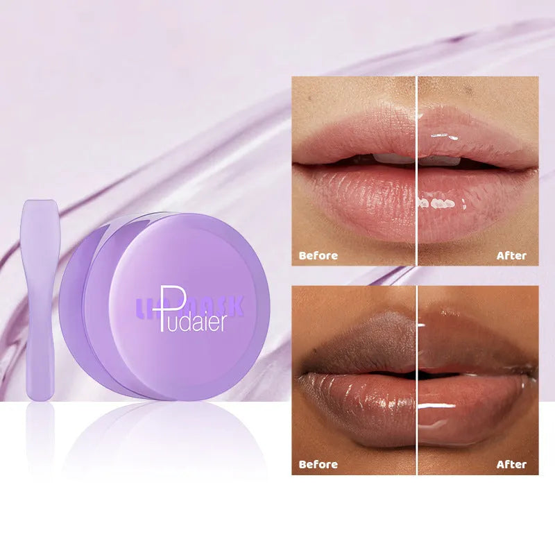 Exfoliating lip balm treatment box showing 10ml lip film and a metal lip scraper tool