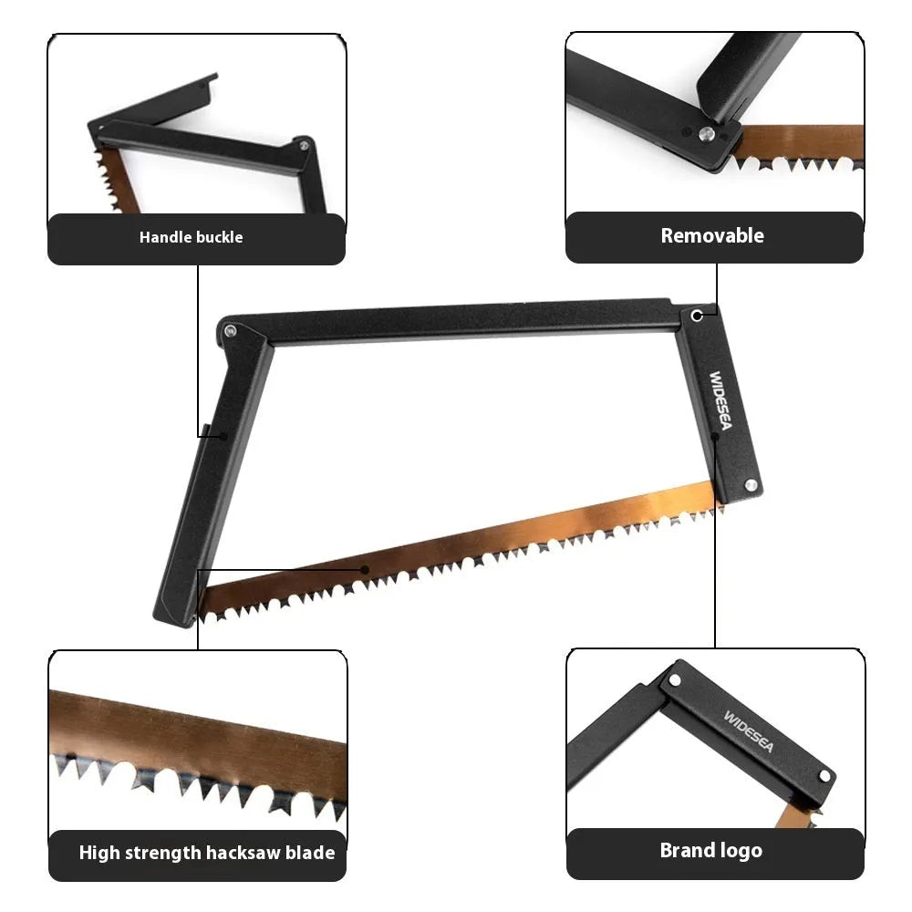 Black foldable outdoor saw with aluminium frame and PA66 nylon handle in open position.