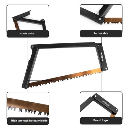 Black foldable outdoor saw with aluminium frame and PA66 nylon handle in open position.