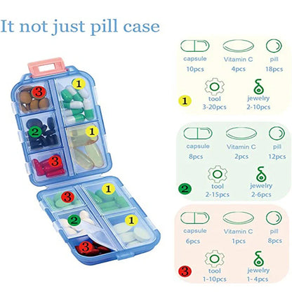 10-Grid Moisture-Proof Travel Pill Organizer in various colors