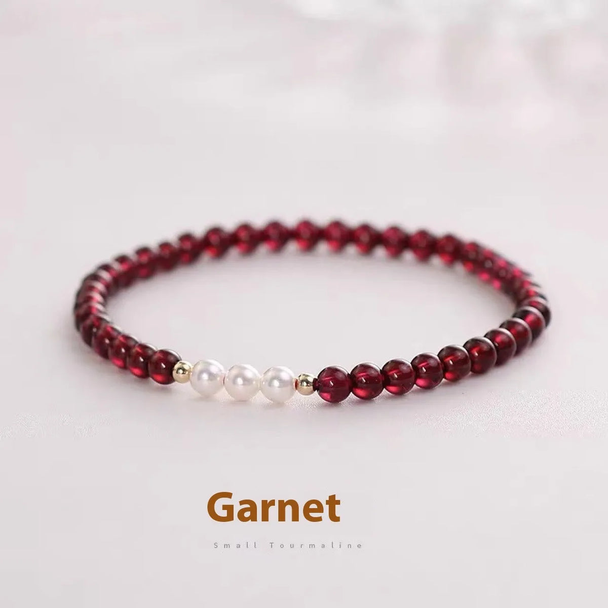 Women's crystal pearl bracelet with Chinese garnet beads in 3mm and 4mm sizes for office fashion wear