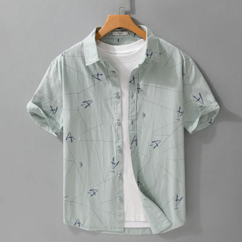Pure cotton short sleeve cardigan shirt with simple letter print design in light green