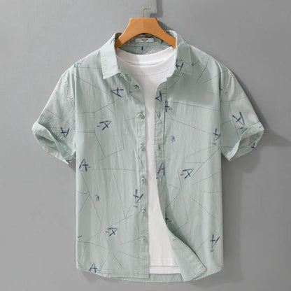 Pure cotton short sleeve cardigan shirt with simple letter print design in light green