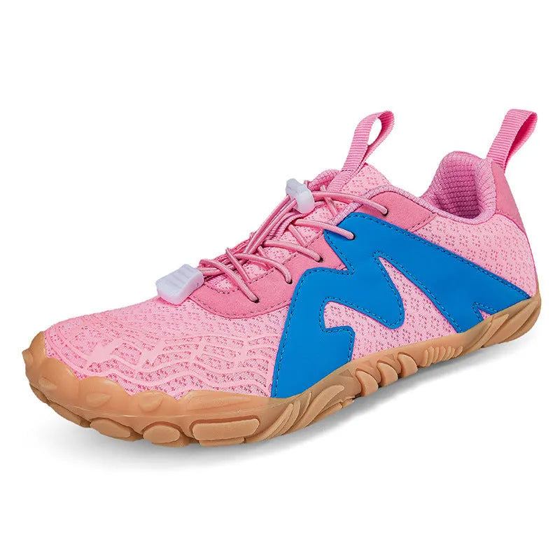 Climbing shoes with Flyknit lining and a rubber sole in A83 colour options on a climbing hold.