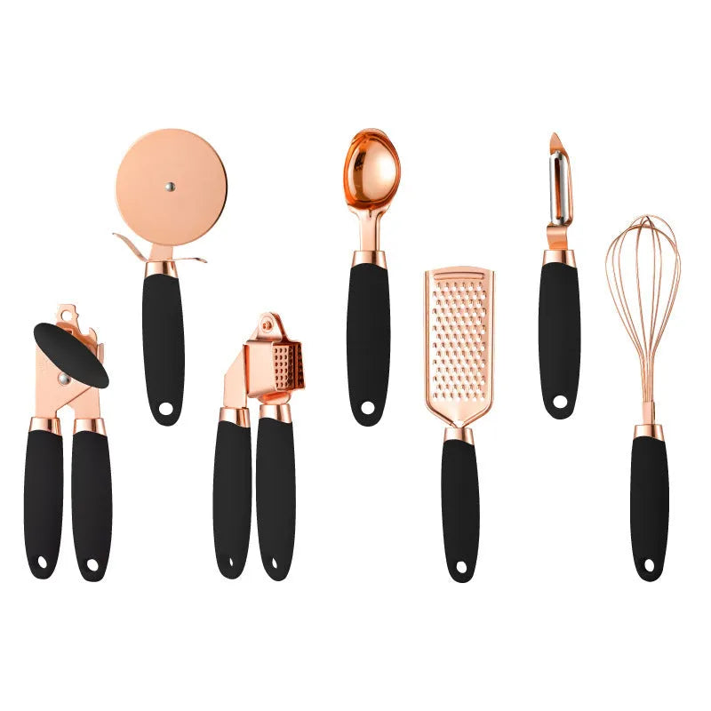 7-piece stainless steel kitchen tool set with copper finish on a countertop storage rack.