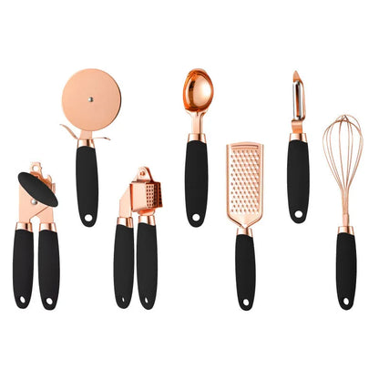 7-piece stainless steel kitchen tool set with copper finish on a countertop storage rack.