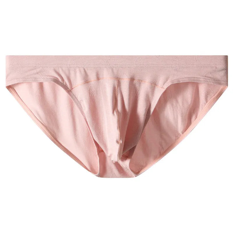 Modal low waist briefs in dark gray, green, sky blue, pink, and colorful blue with jacquard ice silk finish, sizes M to XXL.