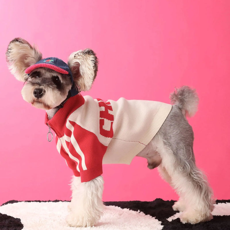 Men's puppy dog sports sweater cardigan pet clothing in wool with casual style, available in sizes S to XXL and colours red or dark green for dressing up your dog in comfortable apparel