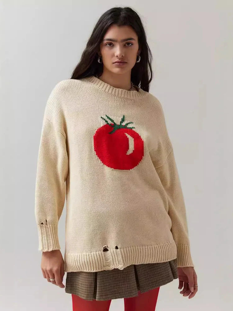 Women's milky white round neck acrylic sweater with Jacquard texture and loose-fitting long sleeves