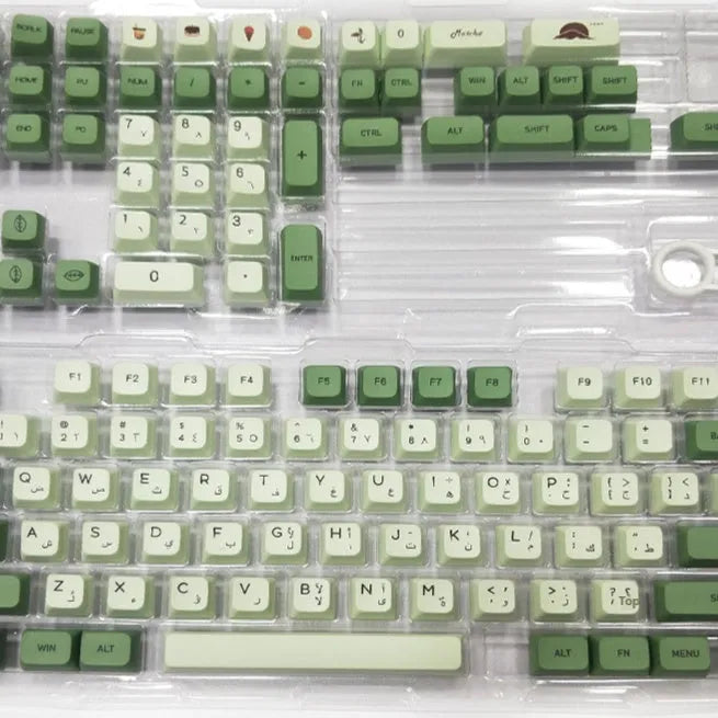 Matcha-themed PBT keycap set with 124 keys and dye-sublimated legends in multiple languages