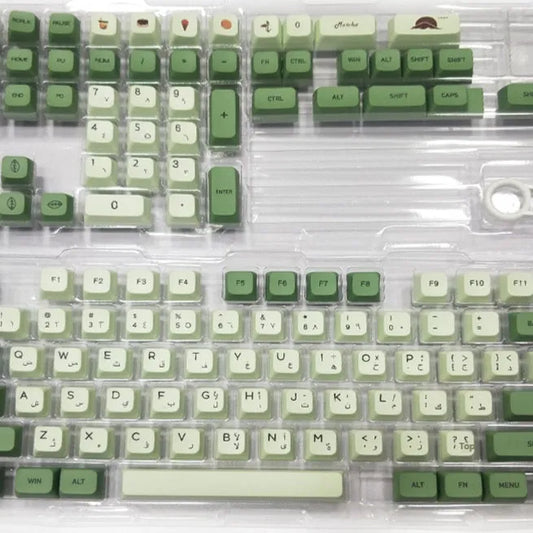 Matcha-themed PBT keycap set with 124 keys and dye-sublimated legends in multiple languages