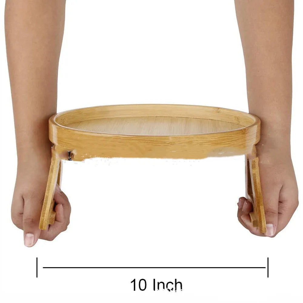Wooden clip-on sofa tray table with carving design in bamboo colour on armrest
