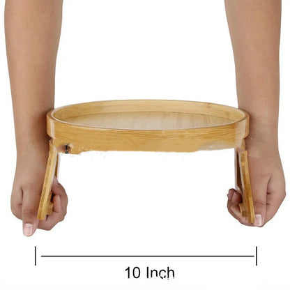 Wooden clip-on sofa tray table with carving design in bamboo colour on armrest