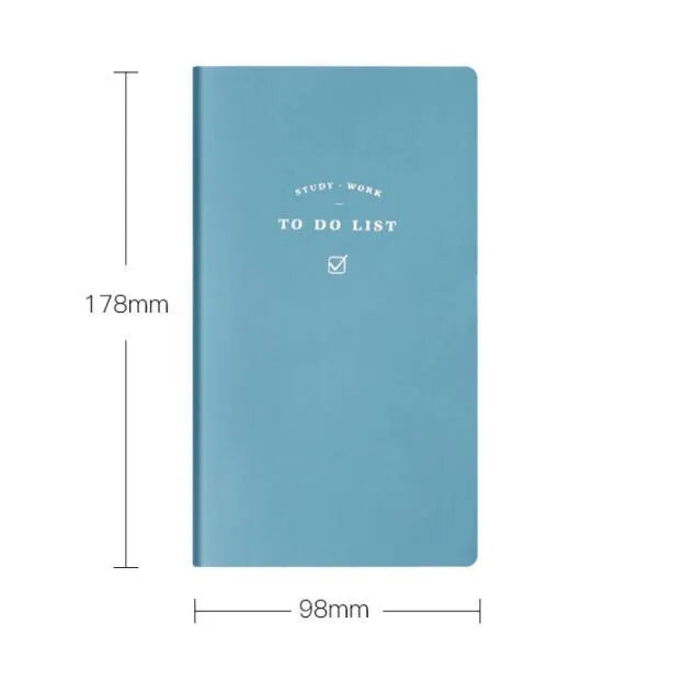 Simple Style A6 todo list notebook in blue, green, pink, or yellow with PU cover and 96 pages.