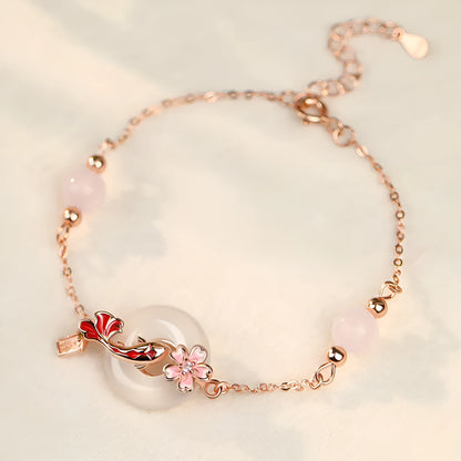 Women's S925 sterling silver bracelet with white chalcedony flowers and geometric koi fish charm