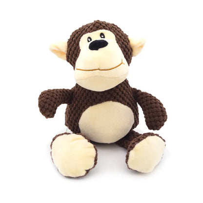 Plush dog squeaky chew toy in animal shape options: donkey, elephant, orangutan, or rabbit.