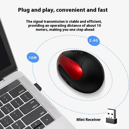 Ergonomic vertical mouse in black, shown next to a laptop, highlighting its unique upright shape and USB receiver.
