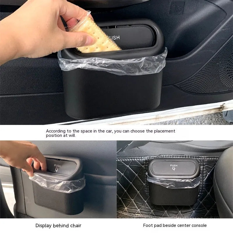 Black folding car trash can with handle mounted on vehicle seat