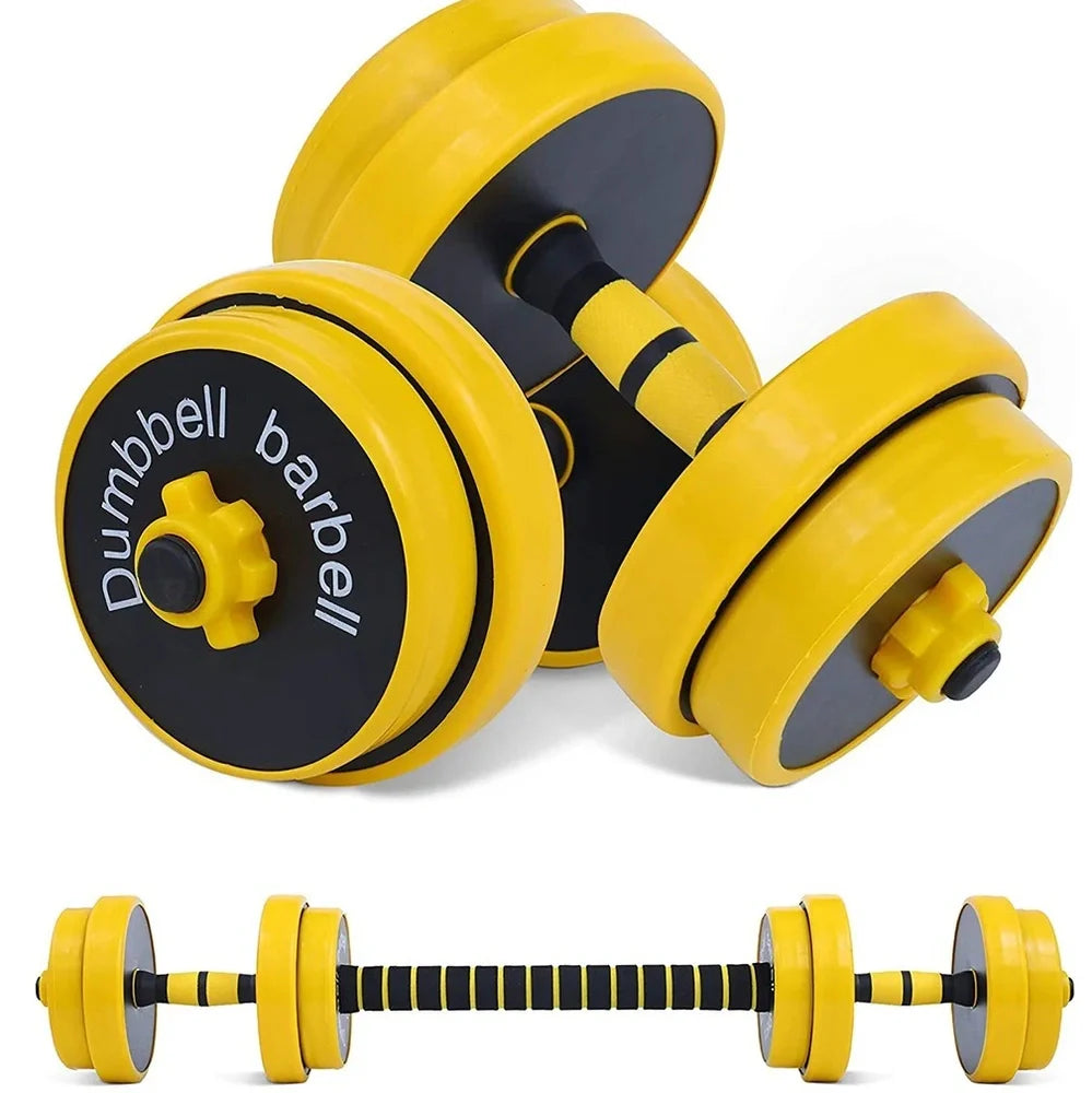 Yellow adjustable dumbbell barbell set with weight plates and connecting rod for home gym