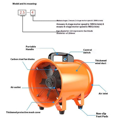 Portable 8-inch titanium steel axial flow fan with a connected 5-metre flexible silver air duct on a workshop floor.