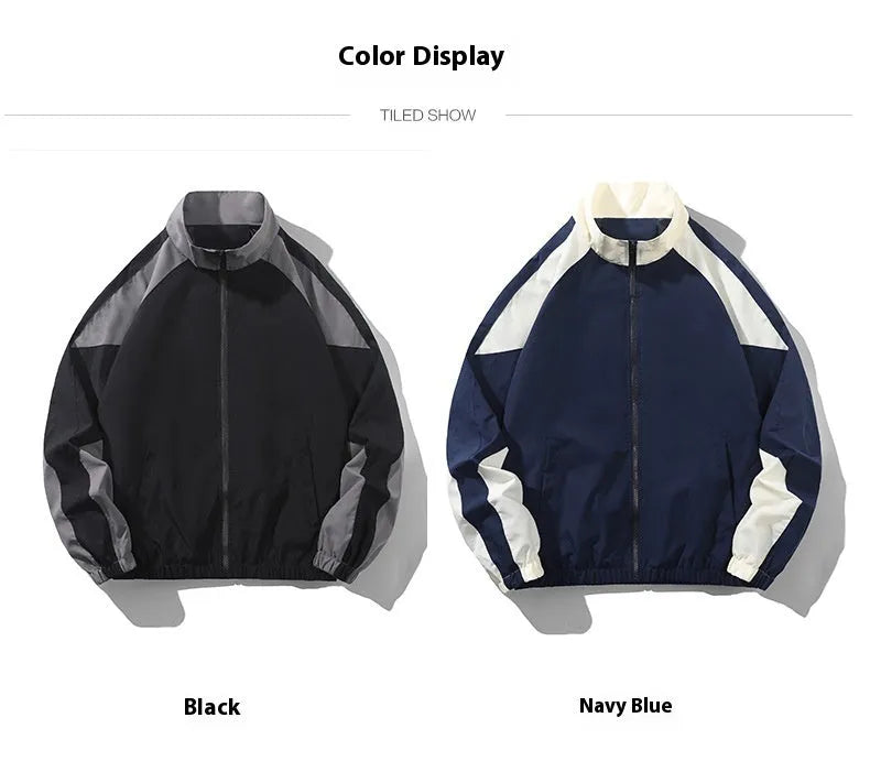 Men's black casual jacket with contrast stitching detail and side pockets for outdoor wear