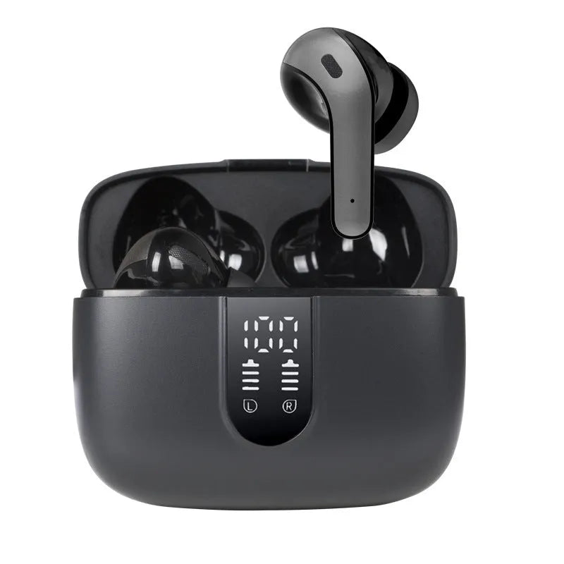 Jerry X08 wireless Bluetooth earbuds in charging case with digital battery percentage display.