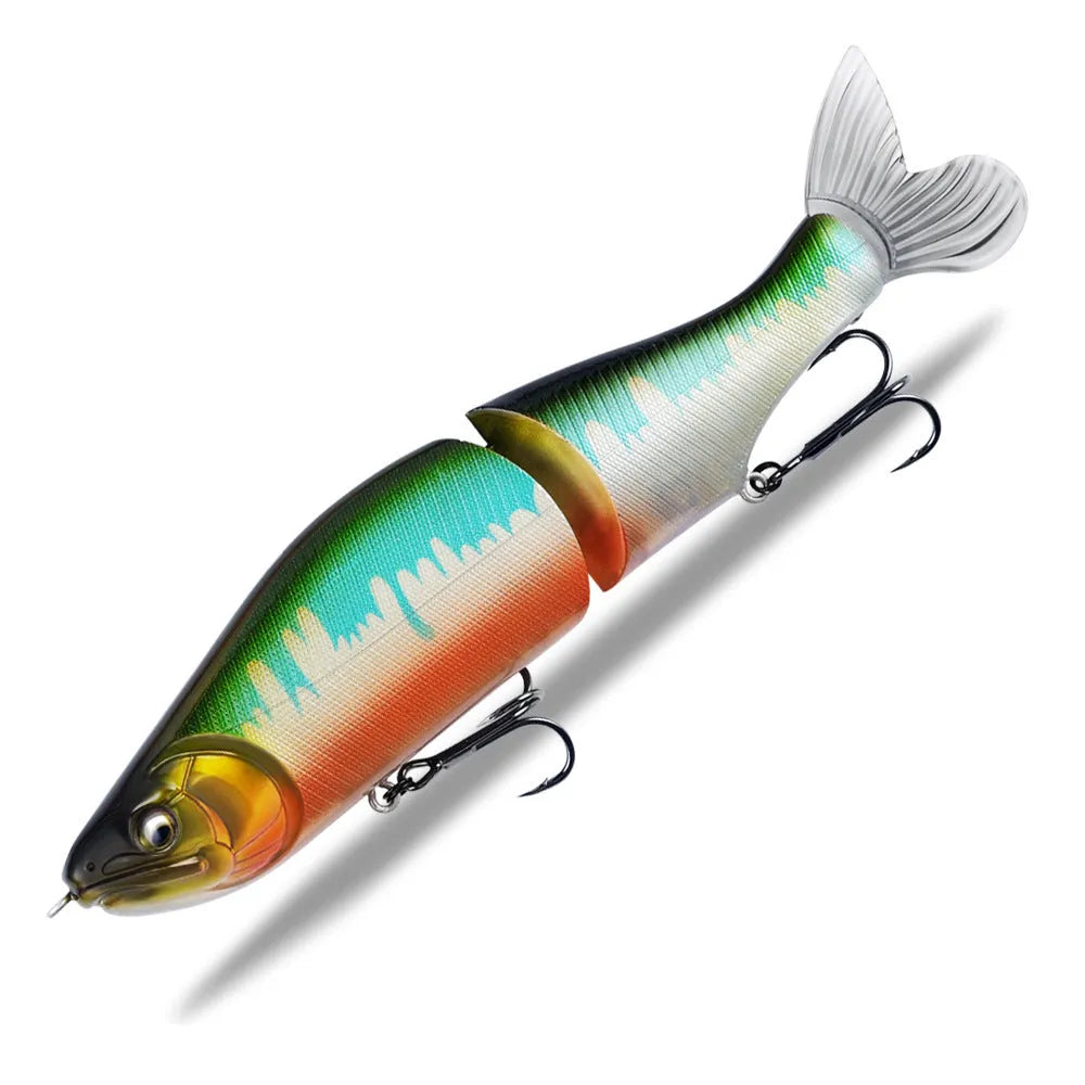 A 185mm hard plastic fishing swim bait in a natural green colour with detailed scales and 3D eyes.