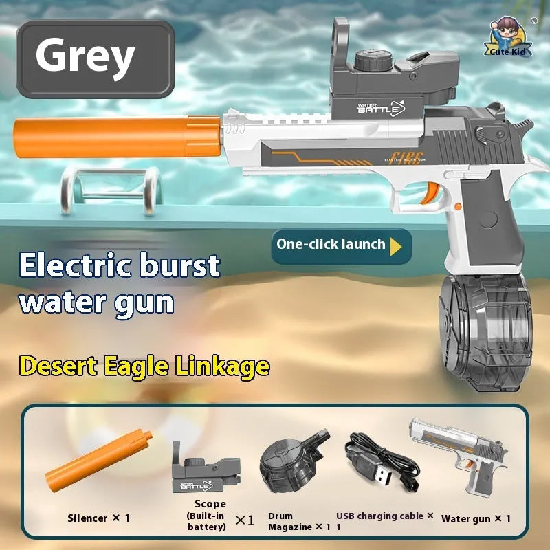 Automatic electric water gun toy with Desert Eagle linkage design, ammunition drum, silencer, and telescopic sight, 41.1cm long