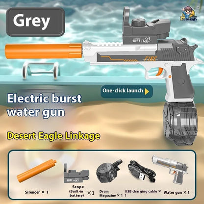 Automatic electric water gun toy with Desert Eagle linkage design, ammunition drum, silencer, and telescopic sight, 41.1cm long