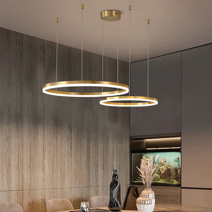 Nordic modern copper circle chandelier with three-circle design and remote control