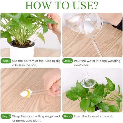Decorative automatic plant watering device in various designs including birds, stars, and mushrooms
