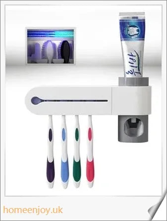 A wall-mounted 2-in-1 UV disinfection toothbrush holder with an automatic toothpaste dispenser, featuring a sleek white design and accommodating up to 5 toothbrushes.