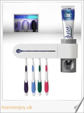 A wall-mounted 2-in-1 UV disinfection toothbrush holder with an automatic toothpaste dispenser, featuring a sleek white design and accommodating up to 5 toothbrushes.