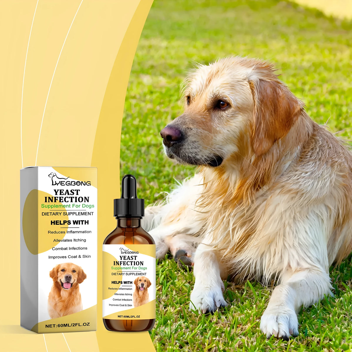 60ml herbal yeast supplement bottle for dogs, external skin care liquid product.