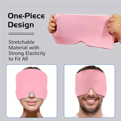 Ice Compress Headache Relief Hat in black and pink, offering 360-degree cold therapy for migraines and stress