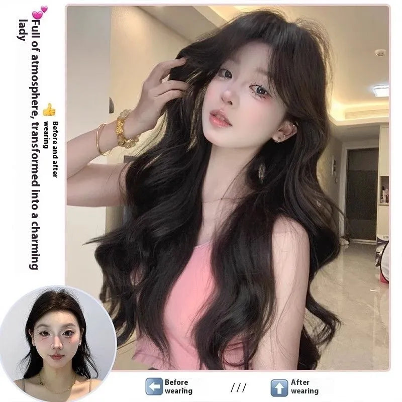 Natural black 65cm big wave wig with seamless ultra-thin edges on display