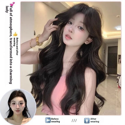 Natural black 65cm big wave wig with seamless ultra-thin edges on display