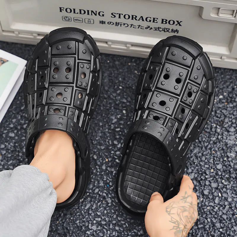 Men's sand-coloured EVA slippers with thick sole, hole design, and toe holder.