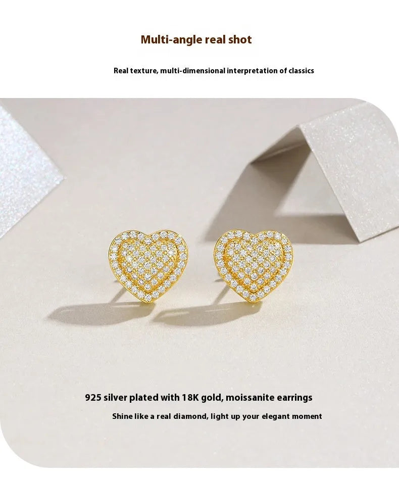 Golden heart-shaped S925 silver moissanite unisex stud earrings, one pair